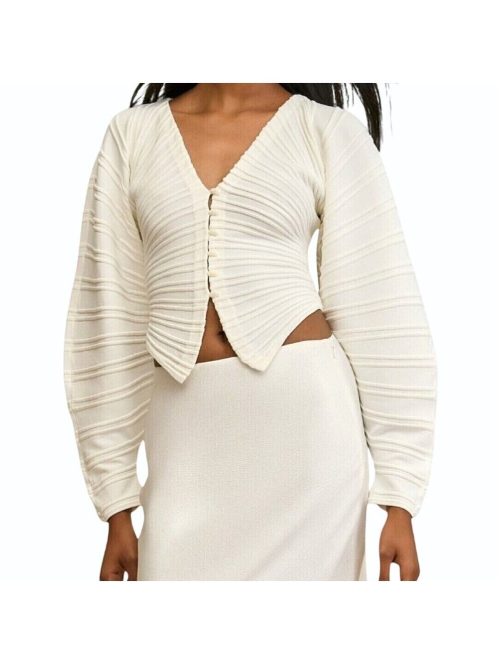 Cult Gaia Blair Cardigan Size S Off White Rib Knit Pleated Button Sweater
